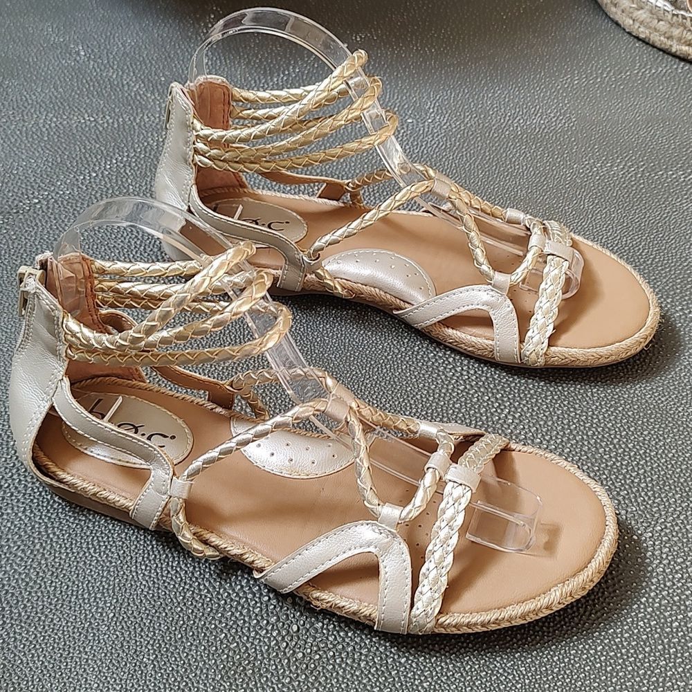 Boc by Born Gold Gladiator Espadrille Sandals Braided Straps Zipper Heel